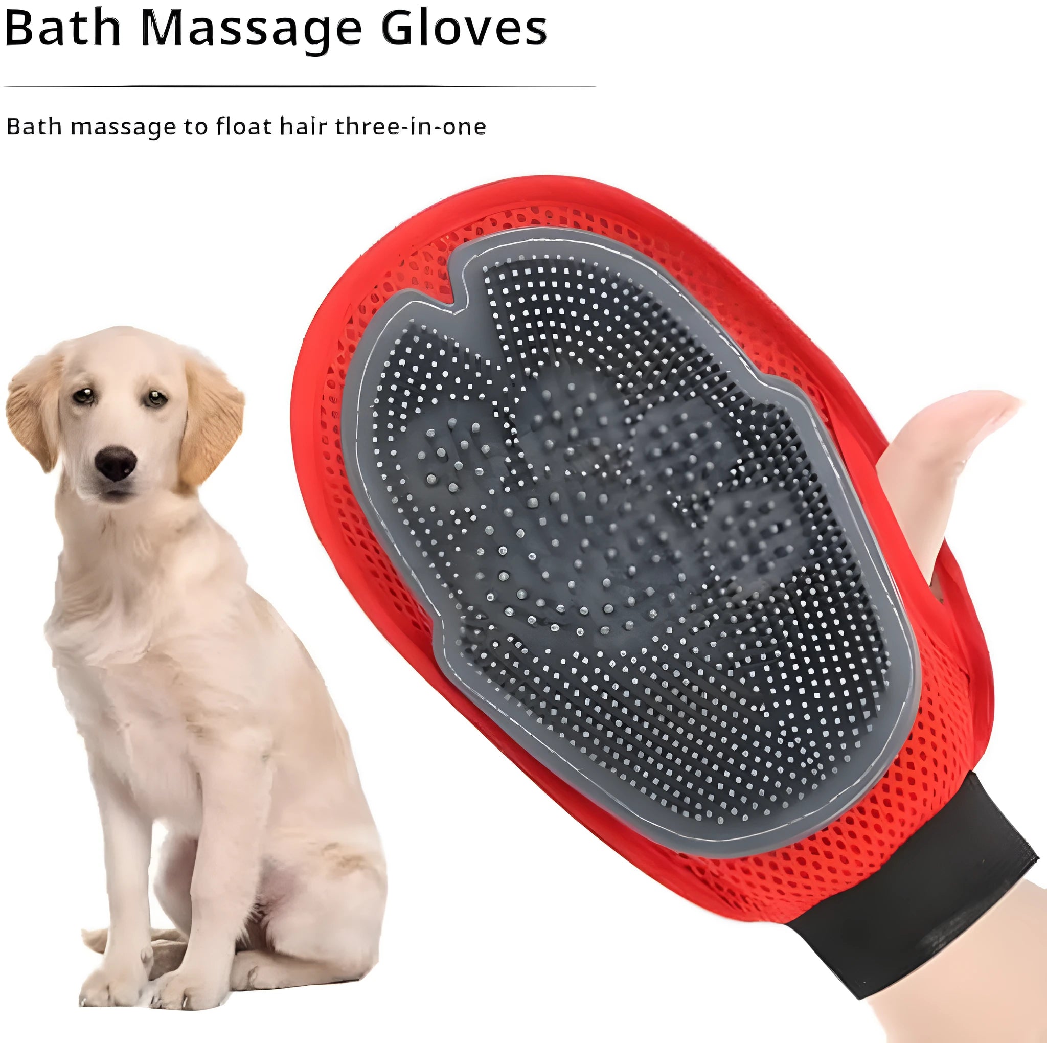 Red pet bathing glove with integrated cleaning brush for dog or cat grooming