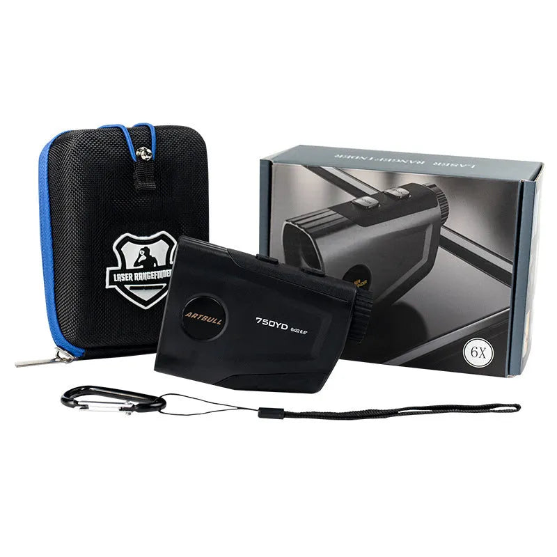 Rechargeable golf laser rangefinder with LCD display showing 750 yard range and flag lock vibration feature