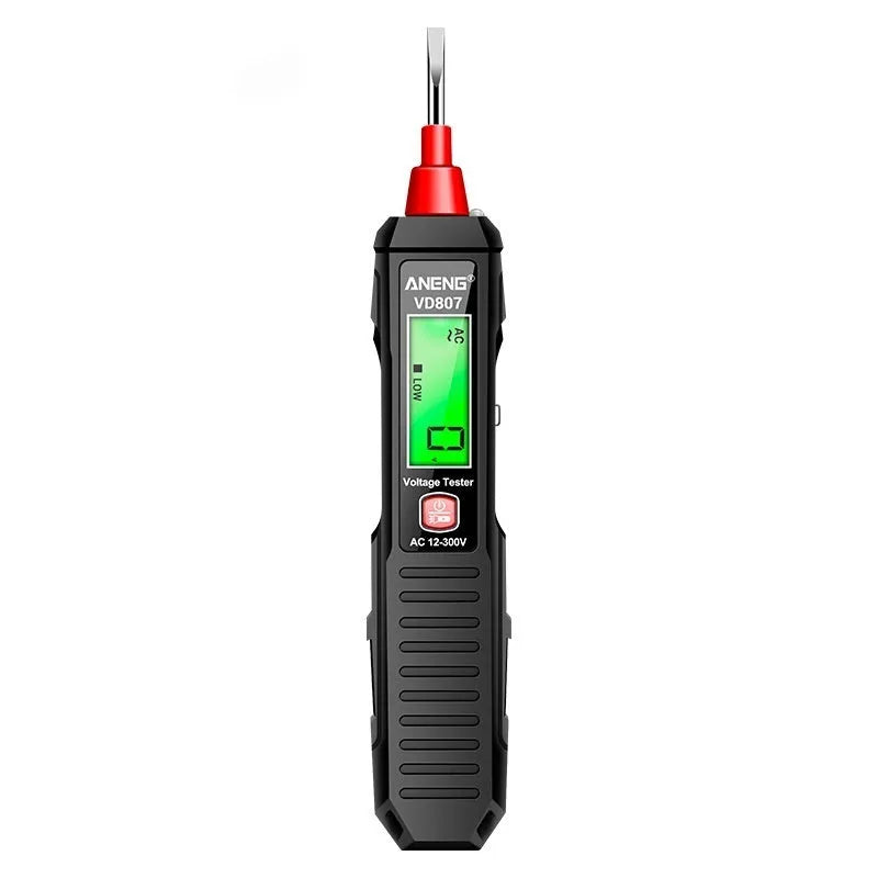 Black digital voltage tester pen with LCD display showing voltage reading