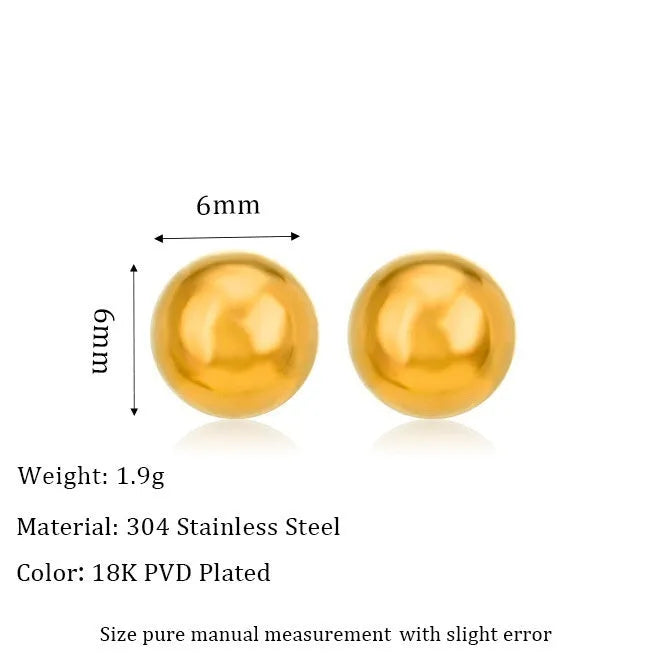 Minimalist 18K gold plated titanium steel ball stud earrings in 3mm, 4mm, 5mm, and 6mm sizes for women.