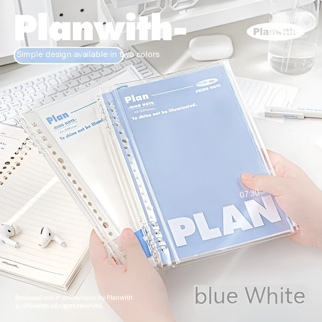 A5 PVC spiral notebook in white or blue colour showing dimensions of 148 x 210mm