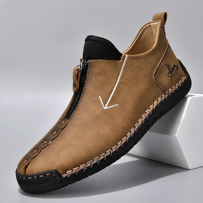Men's black artificial PU boots with front zipper and rubber sole