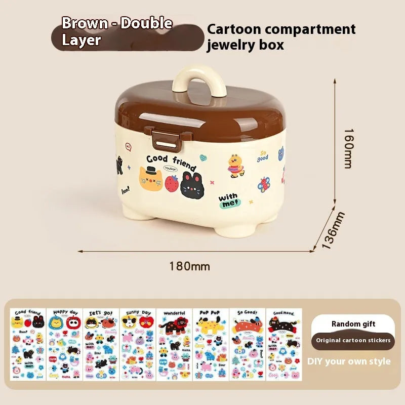 Cartoon-style plastic desktop organiser with grid compartments and labelling stickers for stationery storage