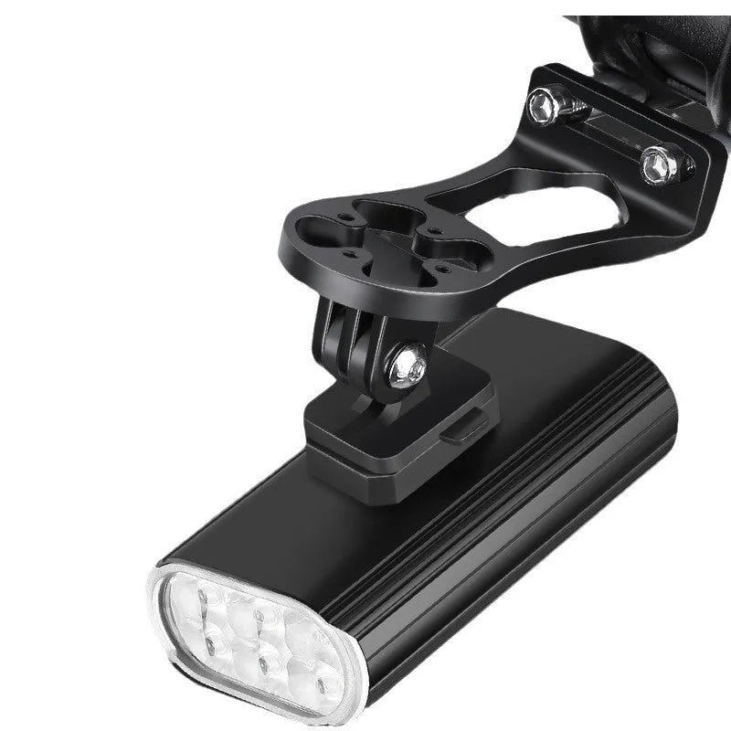 Aluminium alloy bicycle headlight showing front with six XPT lamp beads and mounting base options