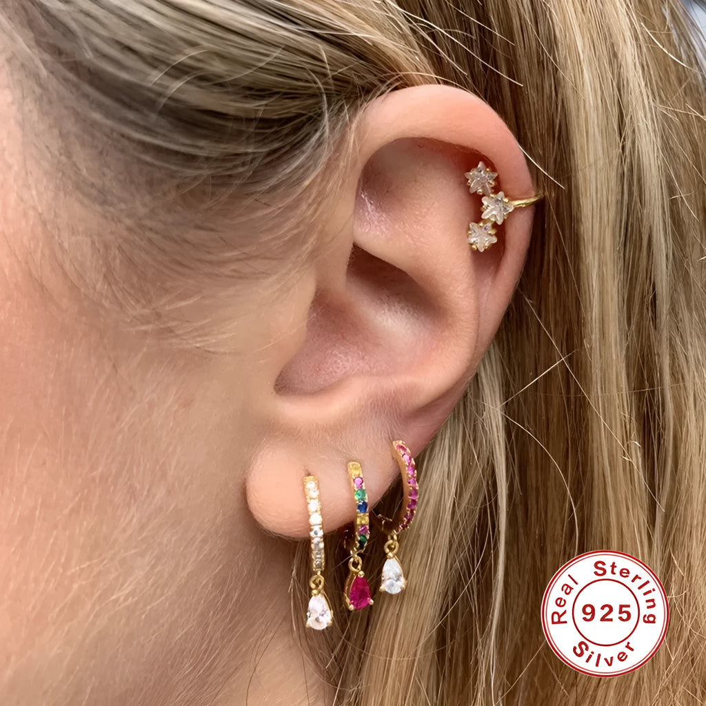 Sterling Silver water drop earrings with geometric shape and crystal diamond stones in gold or silver tone