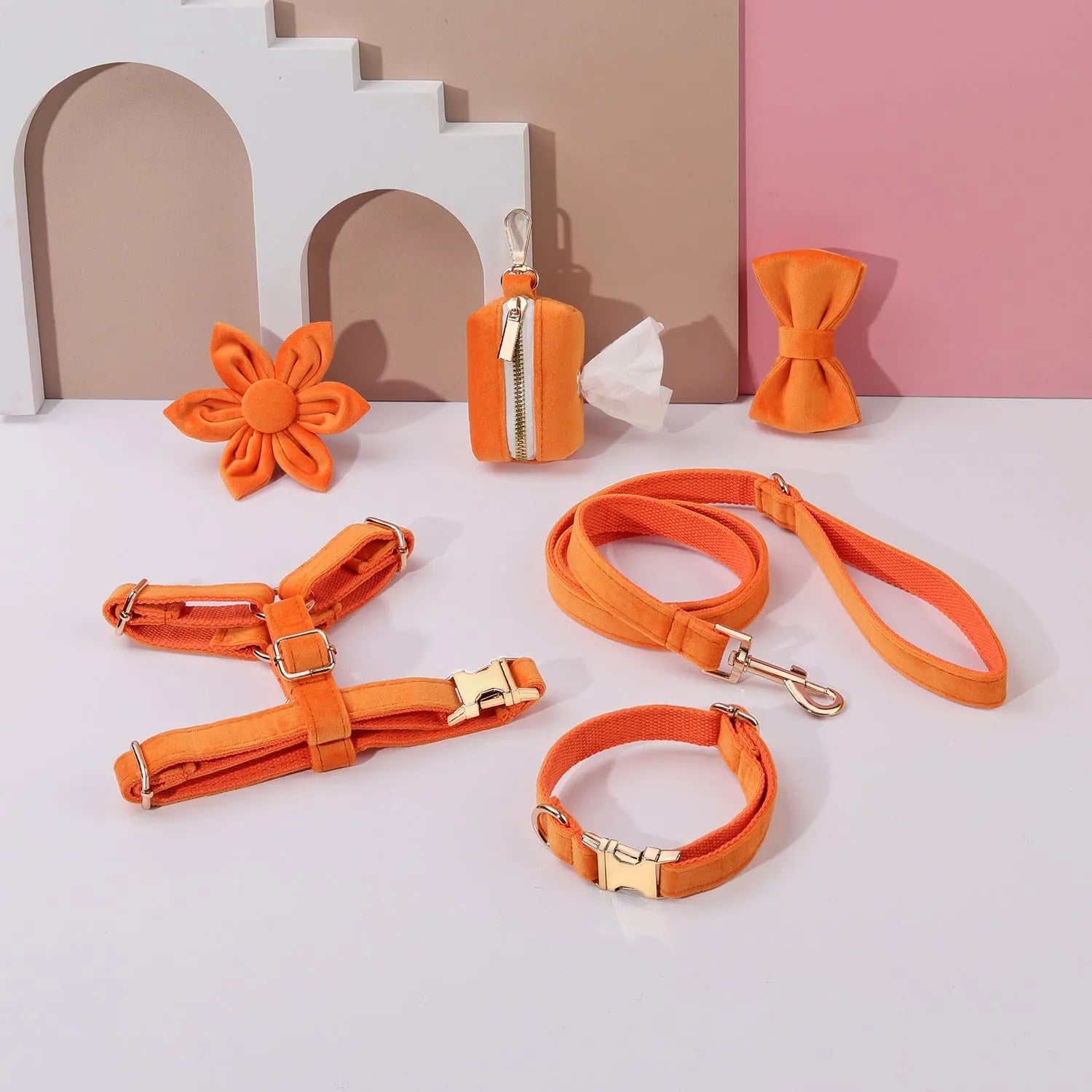 Classic soft velvet dog collar and matching traction rope set with chest strap, bow tie, and accessories in multiple colour options