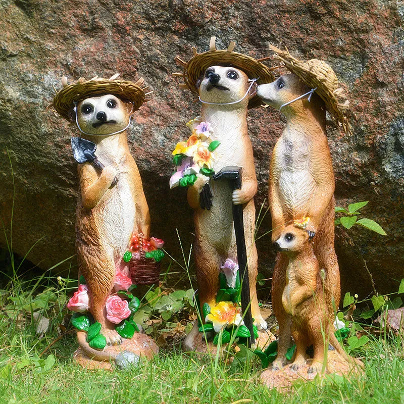 Yellow-brown straw hat mongoose ornaments for bonsai and garden decoration in three design variations