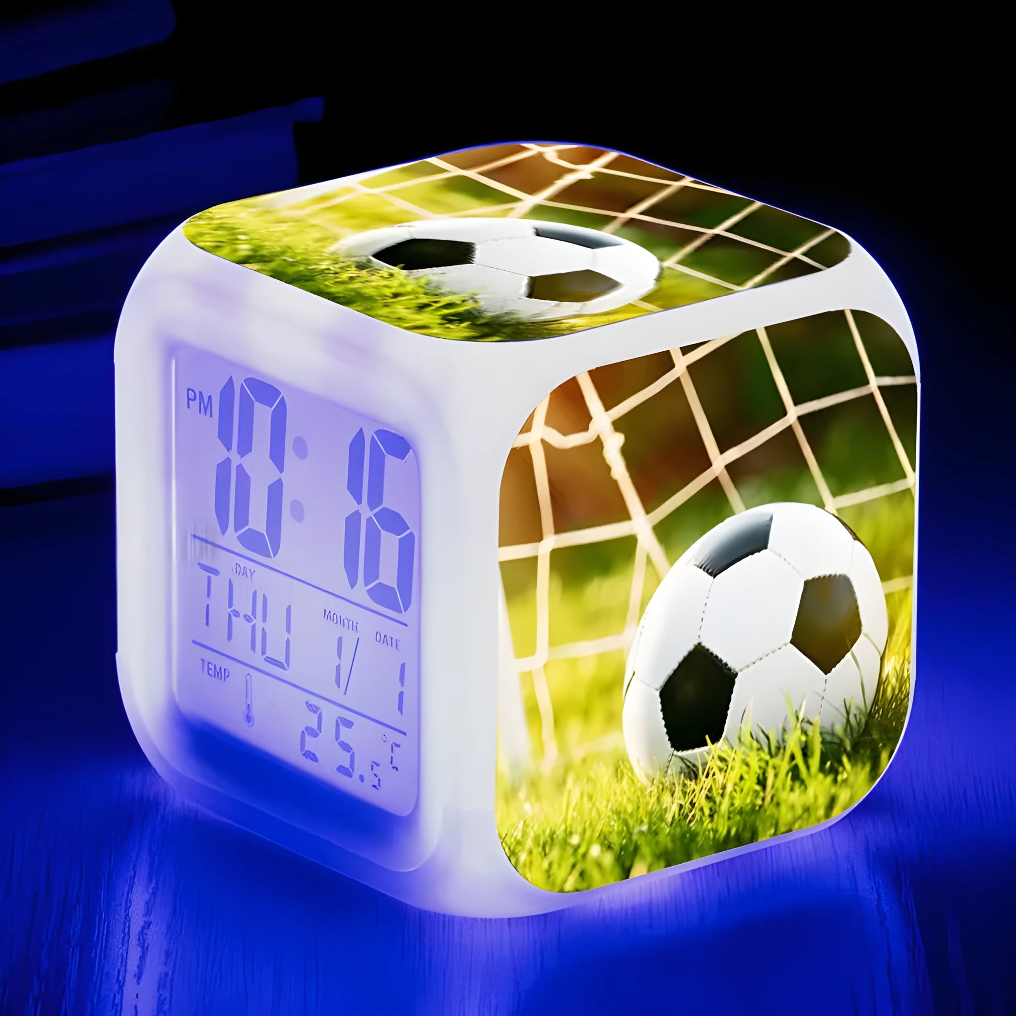 Square football pattern alarm clock with mute alarm function in blue, green, or yellow