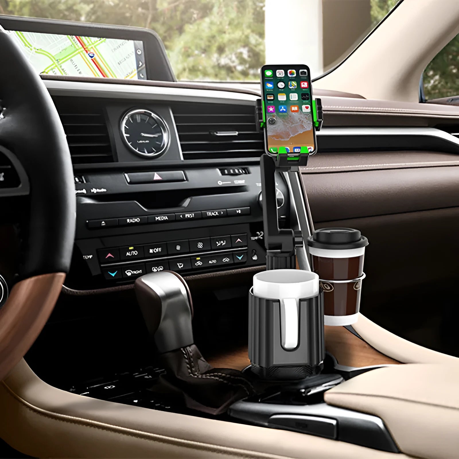 Green car drink rack with mobile phone holder showing A02 model designation