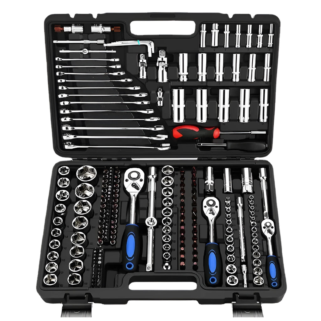 Chromium vanadium steel socket ratchet wrench set with nickel plating for home and auto repair.