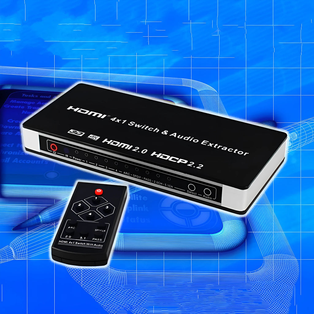 Black HDMI switch box with four inputs one output for HD video switching with remote control