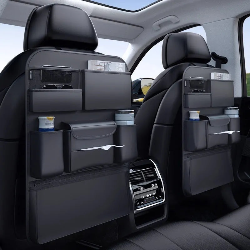 Black leather car seat back hanging storage bag with handle in two size options