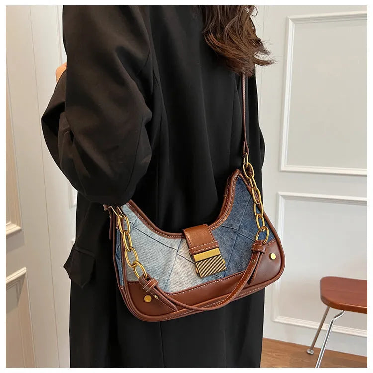 Brown denim women's shoulder bag with diamond mesh panel and chain strap detailing