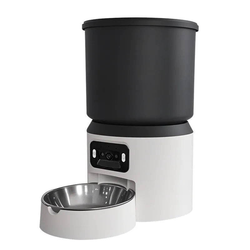 4L smart pet feeder with control panel, food hopper, and optional stainless steel bowl for cats and dogs.