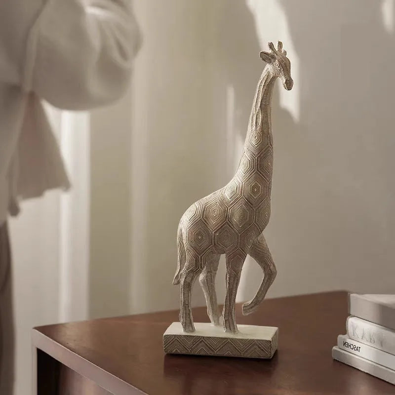 Wood colour synthetic resin giraffe ornament measuring 30.5cm tall on a shelf.