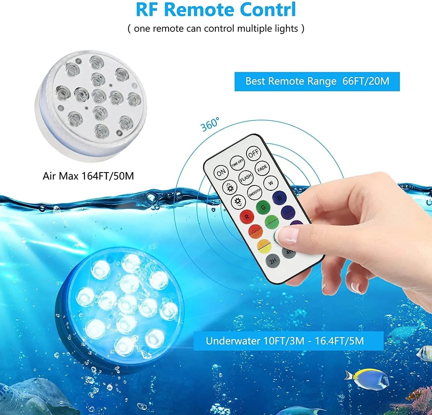 Remote control colour changing diving light with IP68 waterproof rating and LED beads for garden decoration