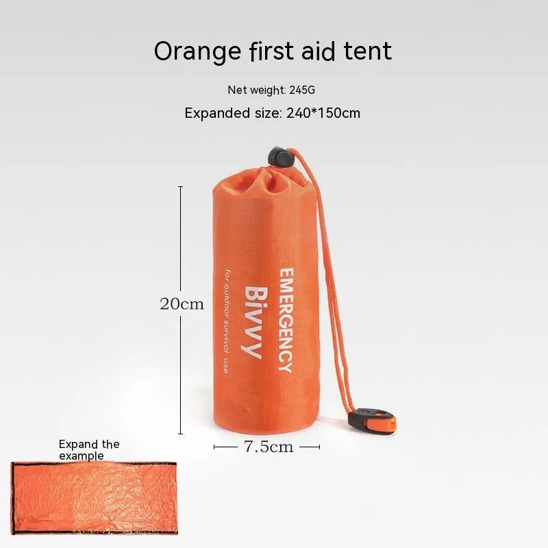 Orange portable outdoor disaster relief tent with emergency blanket and whistle accessory