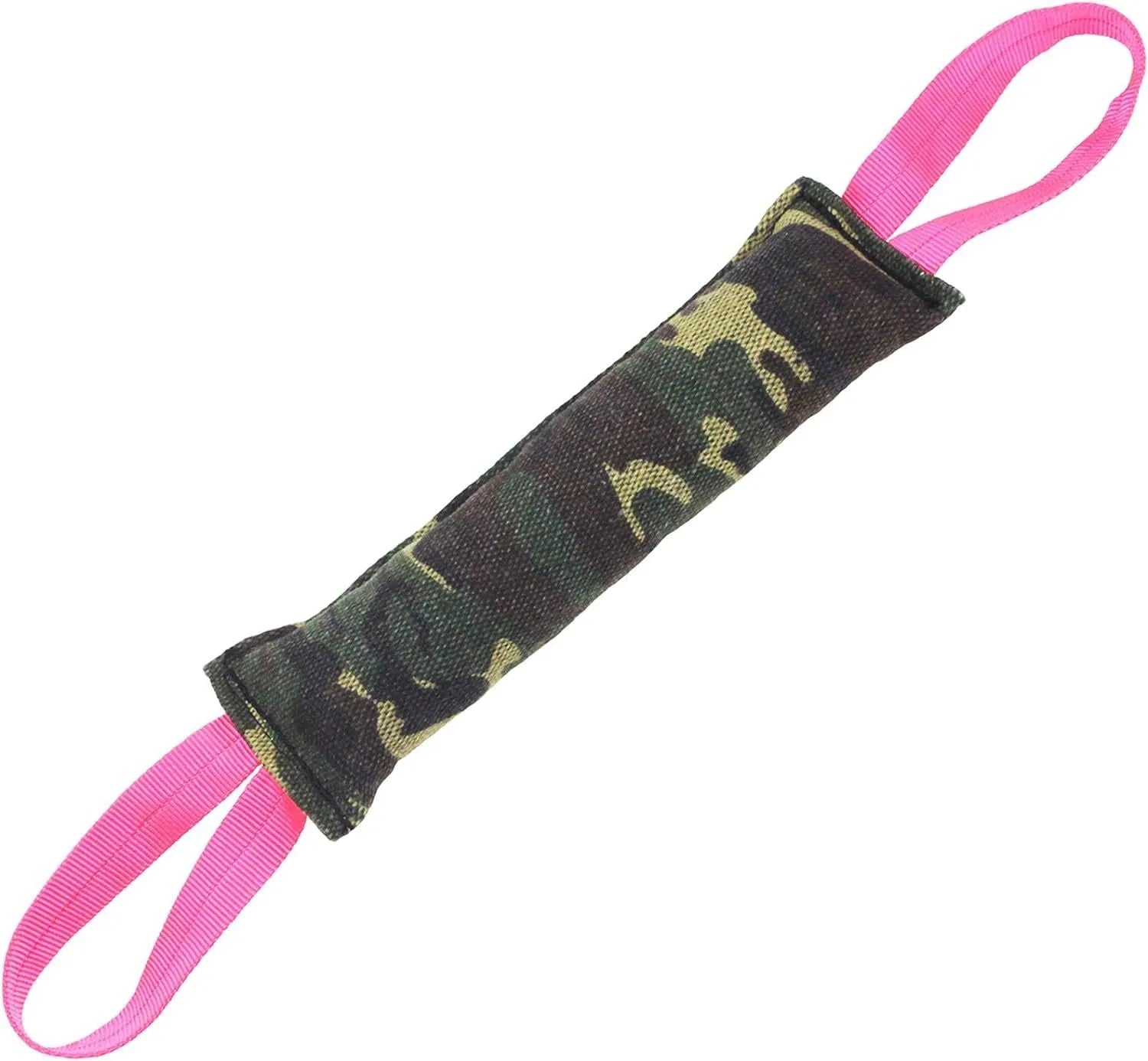 Beige jute dog tug toy with double stitching and two handles for small and medium dog training