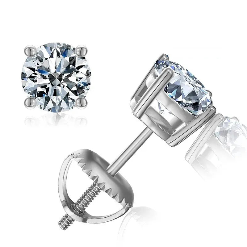 Four claw moissanite stud earrings with geometric 7mm stone in electroplated silver with certificate