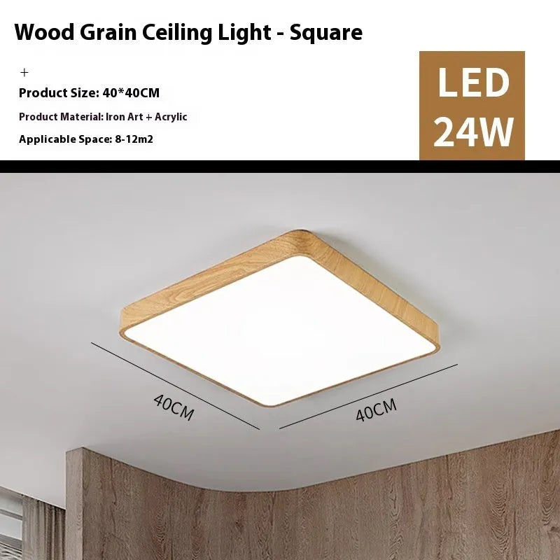 Square Nordic style LED ceiling light with wood grain frame in three size options on white background