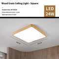 Square Nordic style LED ceiling light with wood grain frame in three size options on white background