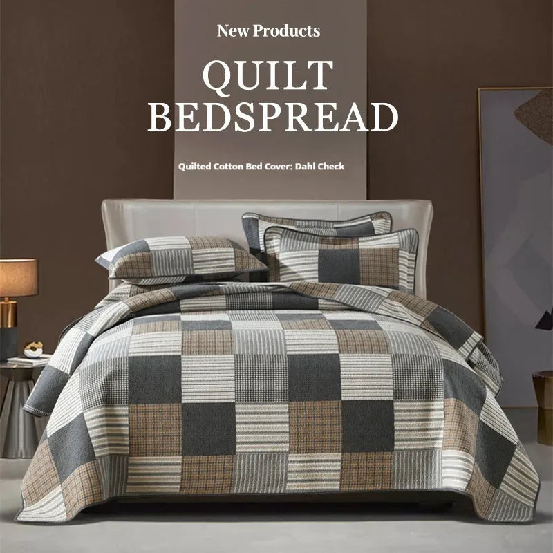 Pure cotton bedspread three-piece set with geometric pattern showing bed cover and pillowcases