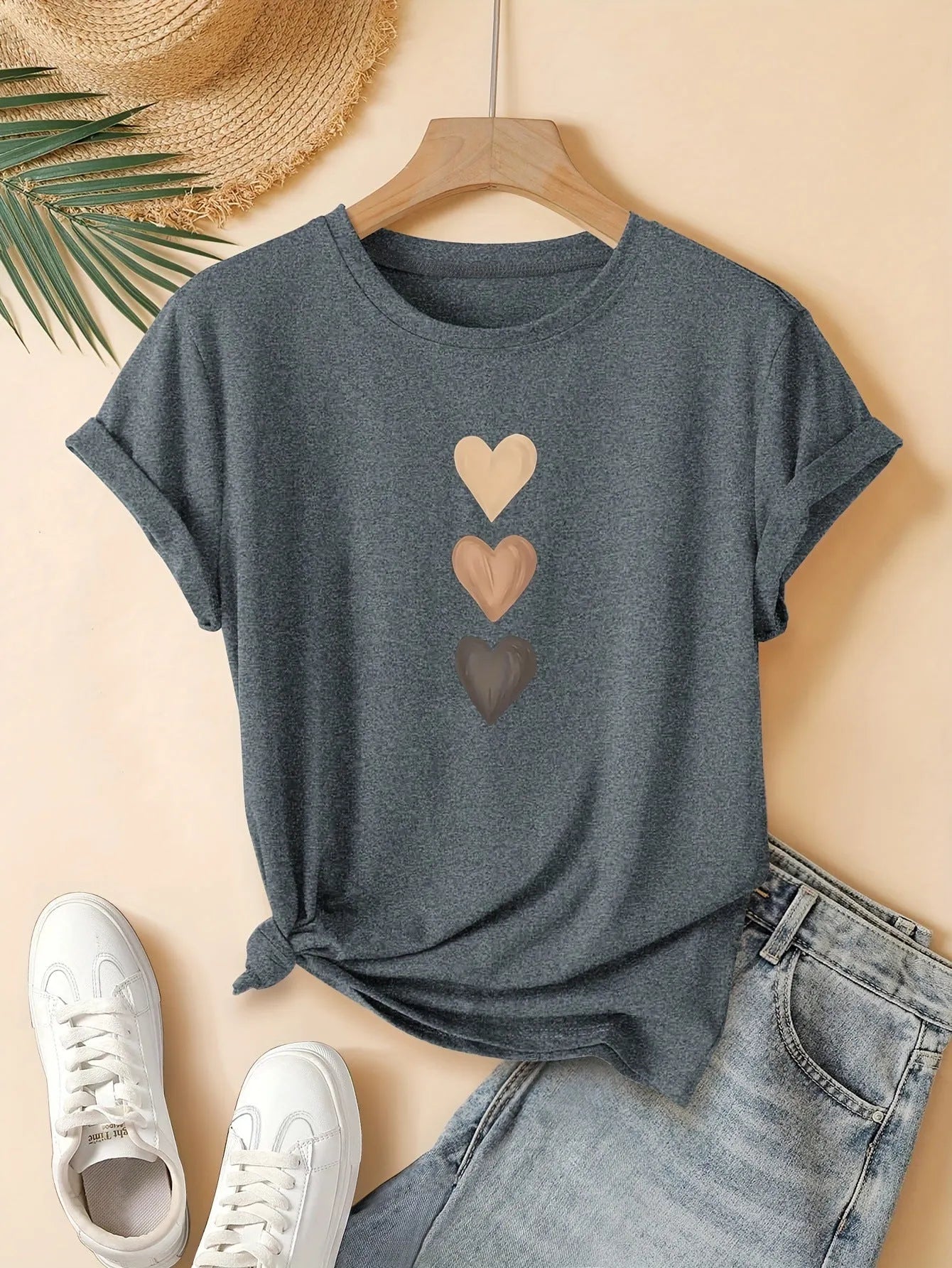 Women's pure cotton short sleeve t-shirt with three-heart printing in Chinese art retro style available in multiple colours