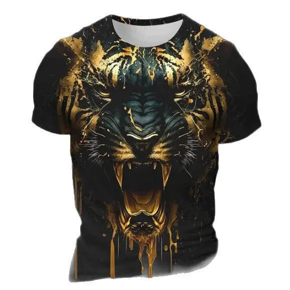 Men's grey T-shirt with a vibrant blue and orange 3D tiger pattern printed on the front.
