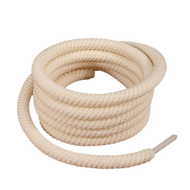 Round woven shoelaces for bread shoes in white, beige, and black, showing different lengths and thickness options
