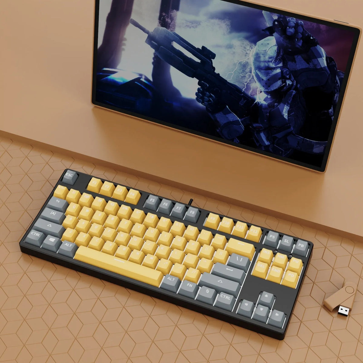 87-key mechanical keyboard with colourful keys on black or white metal chassis