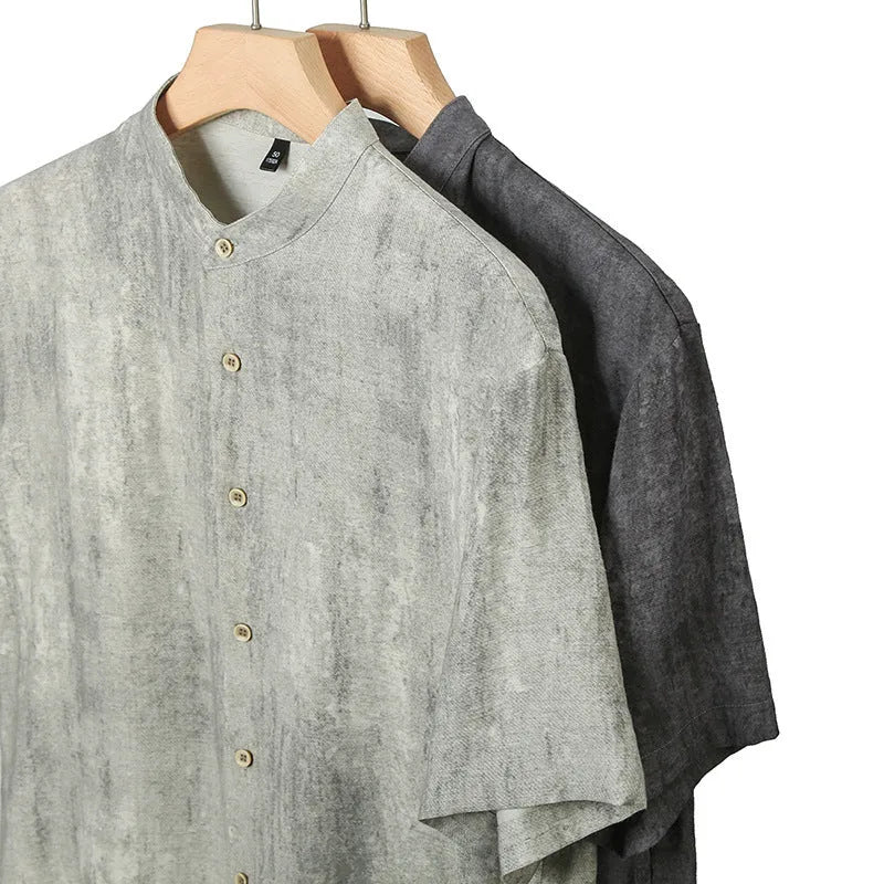 Men's loose linen-style cardigan in solid colour with stand collar, shown in black grey and white grey options