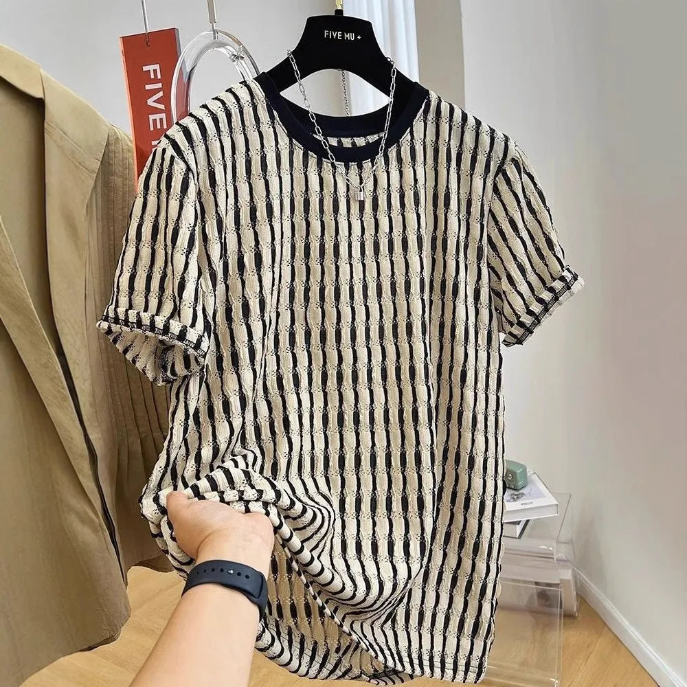 Men's black striped casual shirt with loose fit and short sleeves in silk linen blend fabric