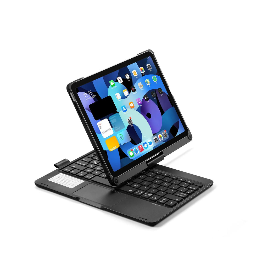 Silver rotating Bluetooth keyboard with backlit keys next to an iPad.