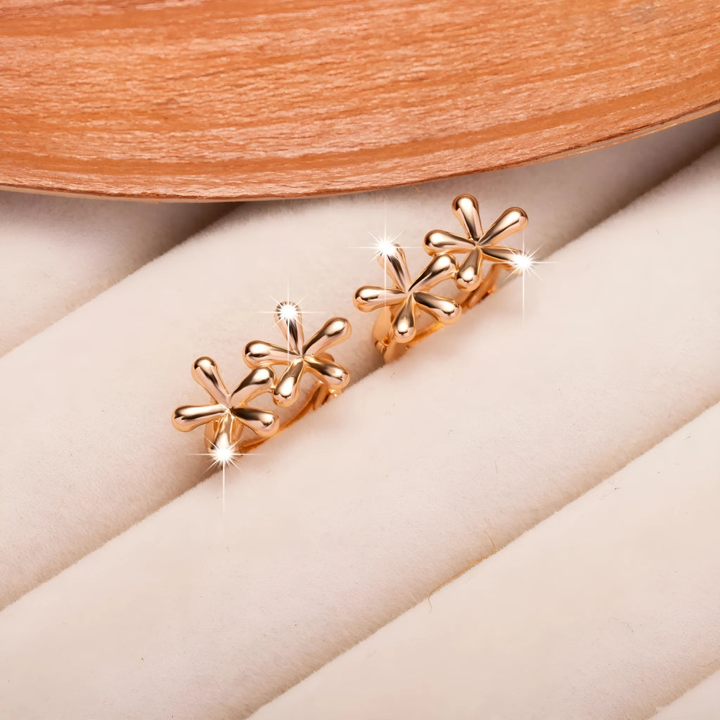 Rose gold coloured circular waterdrop flower earrings with an electroplated finish.
