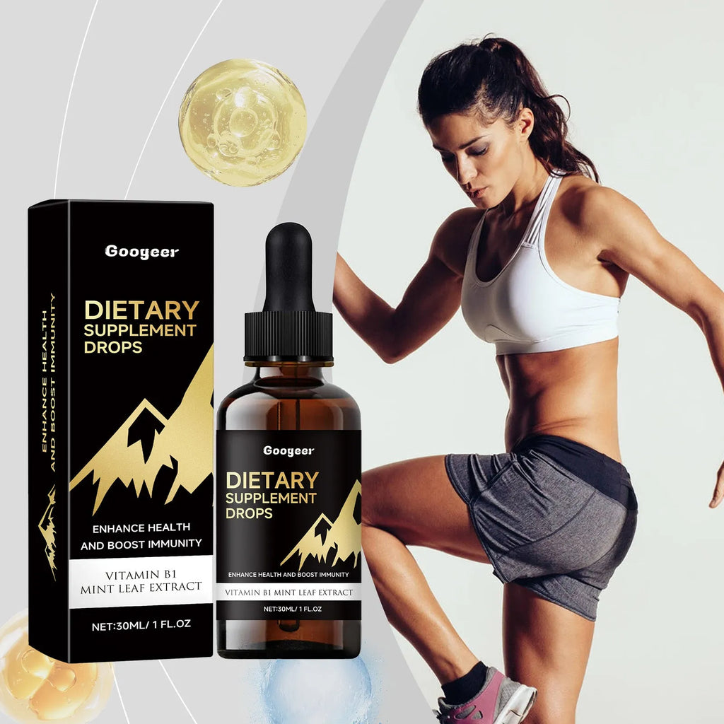 30ml bottle of clear liquid dietary supplement drops with a gluten-free, no-added-sugar label