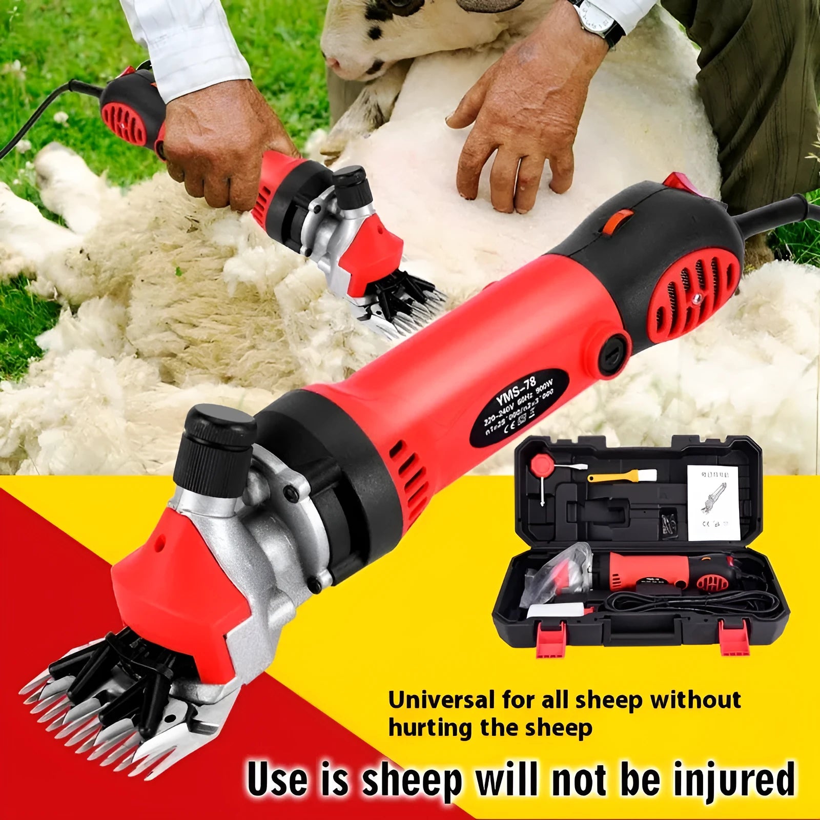 Yellow electric wool shearing machine with 13-tooth blade and multiple accessory sets in plastic storage box