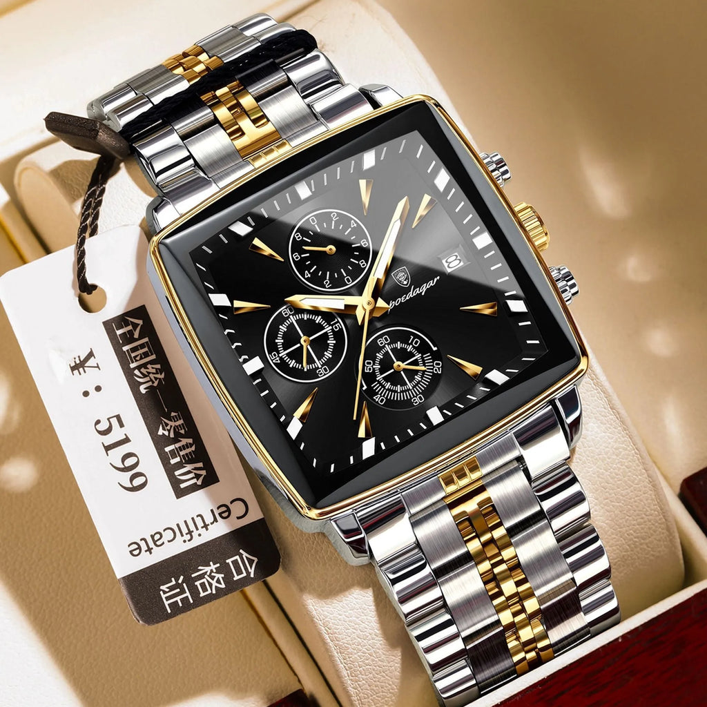 Square men's business quartz watch with stainless steel strap and 9mm thick alloy case