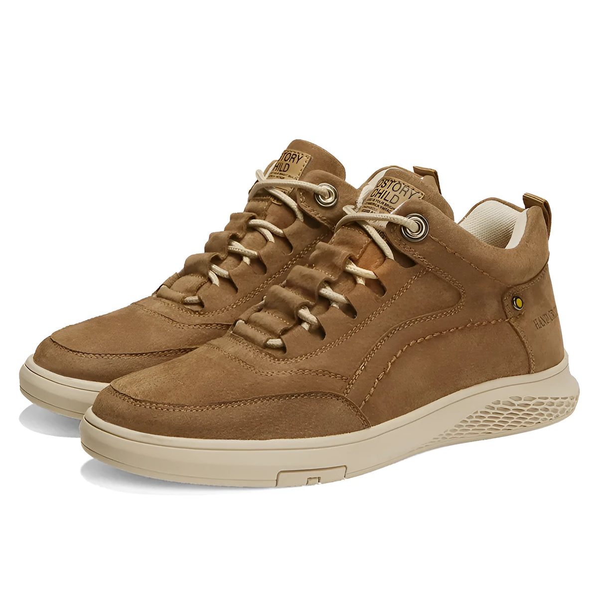 Men's spring leather sneaker in brown or sand with cowhide upper, high-top front tie, rubber sole, and low 1-3cm heel