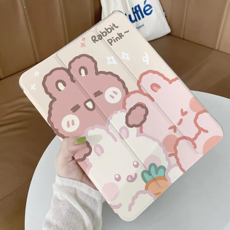 Silicone flat tri-fold protective case body with rabbit cartoon design for Apple iPad