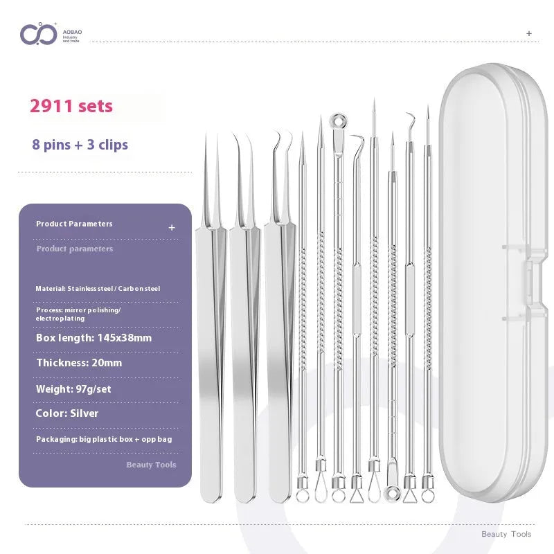 Four silver metal acne needles and a handling clip laid out on a clean surface.
