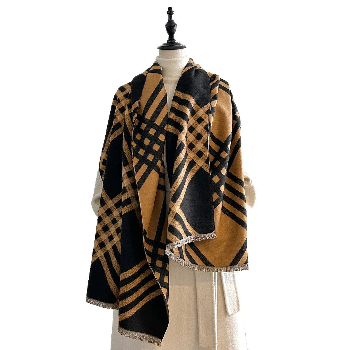 Imitation cashmere scarf with tassels in brown colour showing full 185cm length
