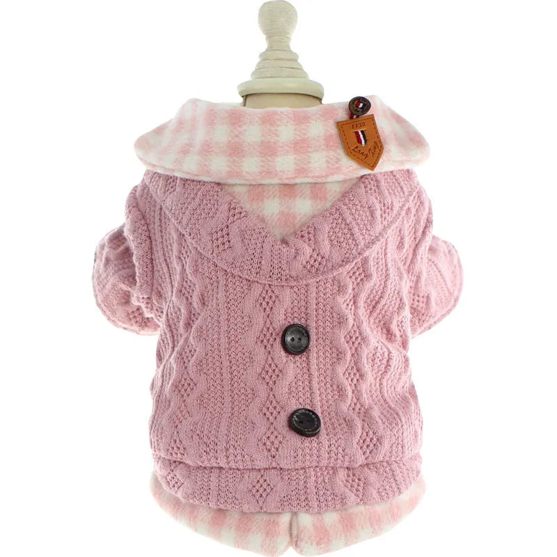 Blue wool plaid dog sweater with faux two-piece design and fleece lining for small to extra large dogs