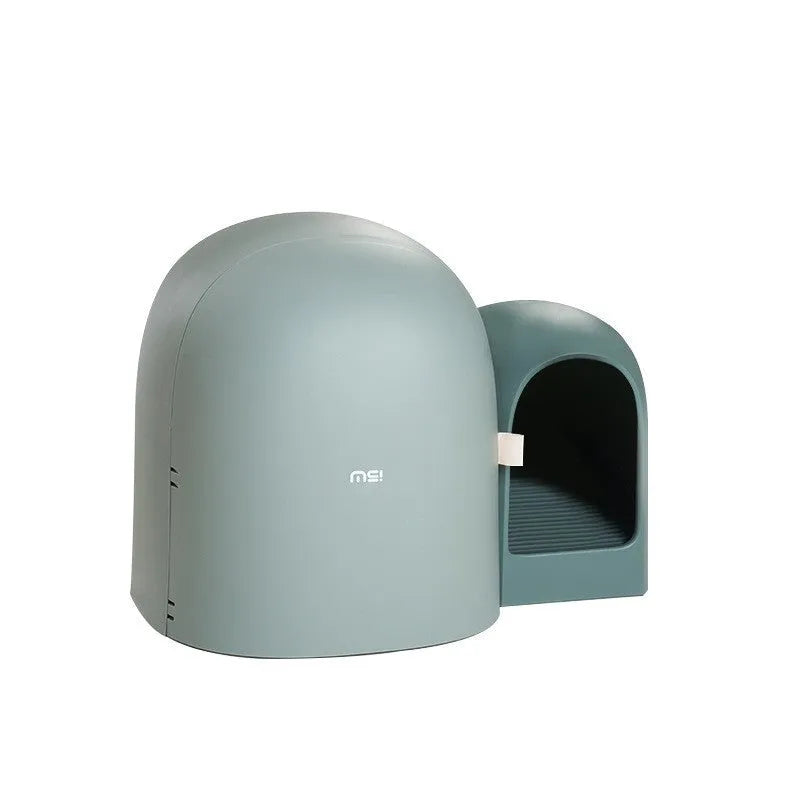 Oversized enclosed cat litter box in ABS plastic shown in moss green colour