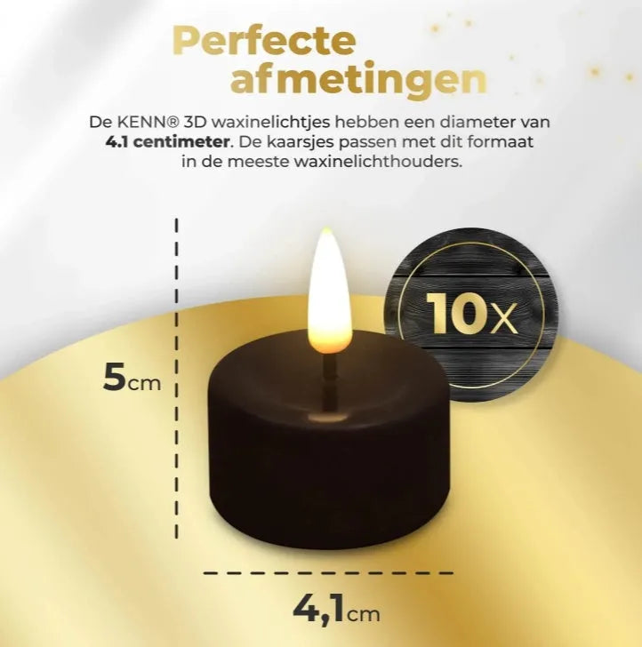 Ten black LED tealight candles with flickering flame effect, battery operated for safe indoor use
