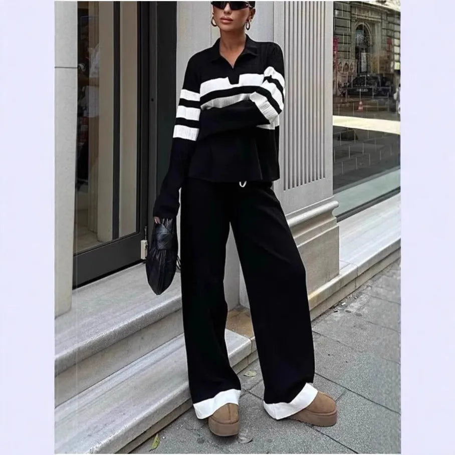 Women's black and white striped polo collar two-piece set with long sleeve shirt and trousers