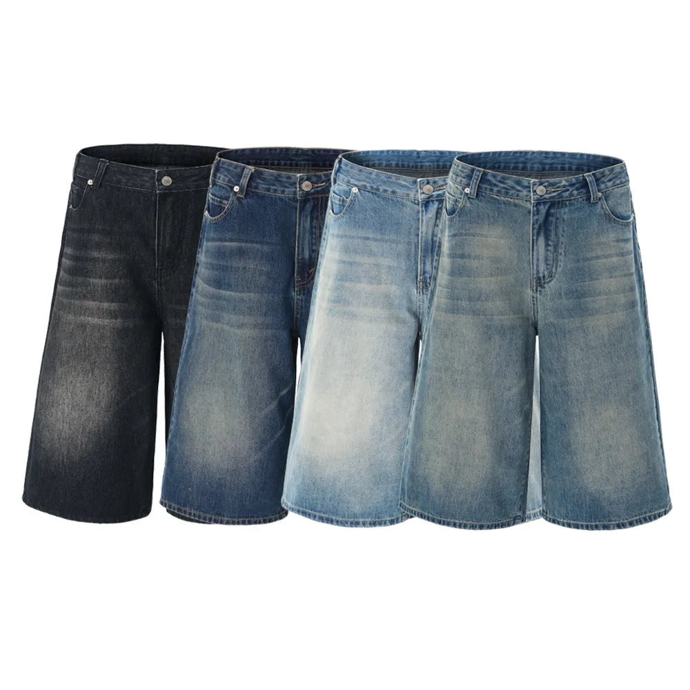 Men's light blue cotton denim cropped trousers with straight-leg loose fit