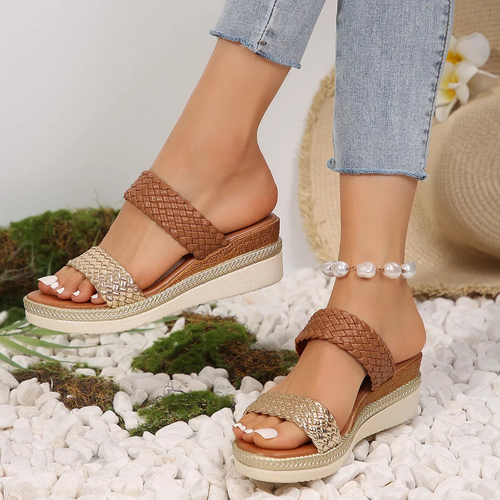Gold metallic plus size women's wedge sandals with a PU leather upper and rubber sole.