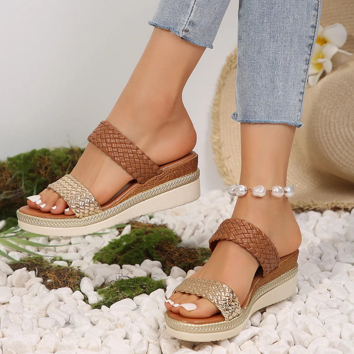 Gold metallic plus size women's wedge sandals with a PU leather upper and rubber sole.
