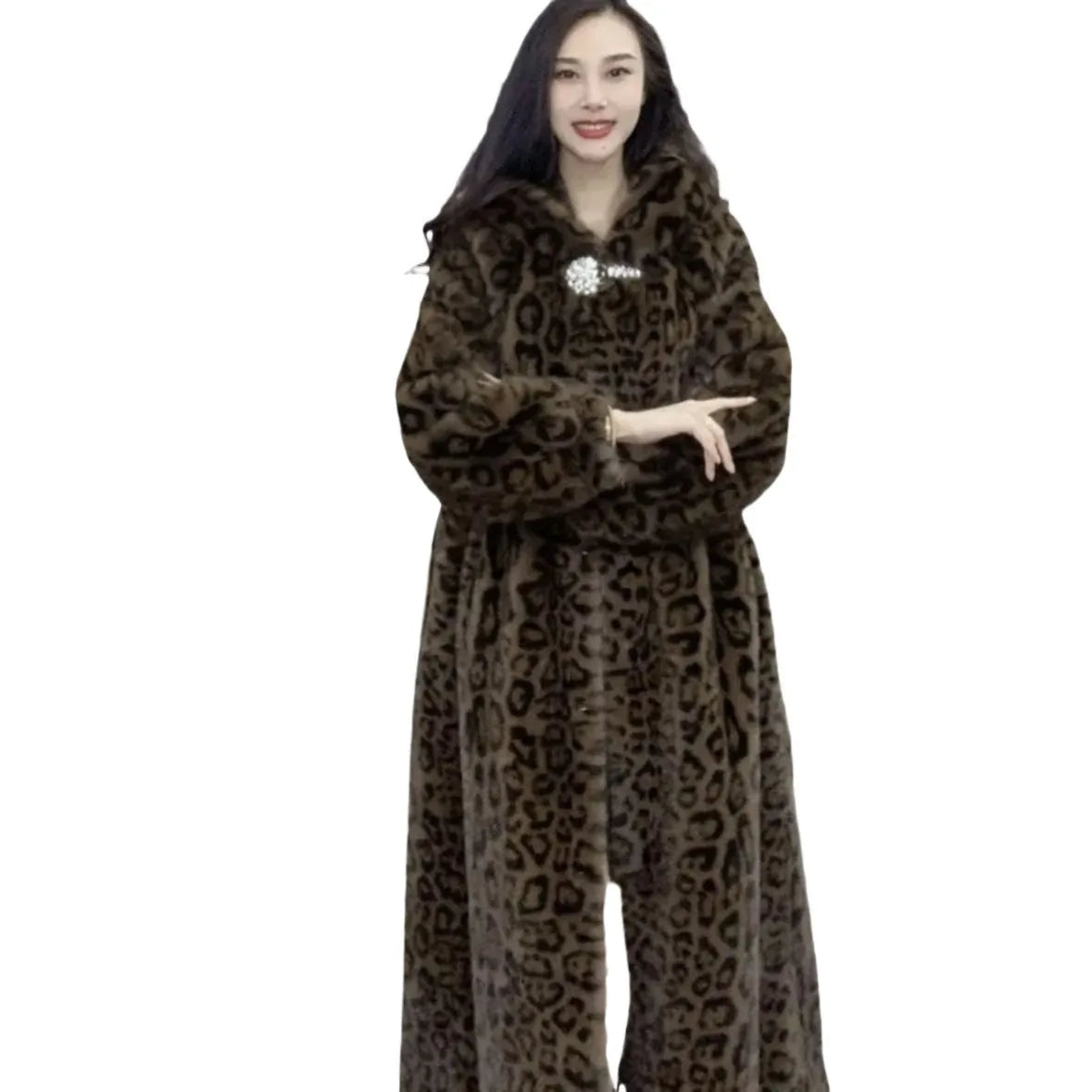 Brown leopard print plus size faux fur coat with 100cm length and regular sleeves