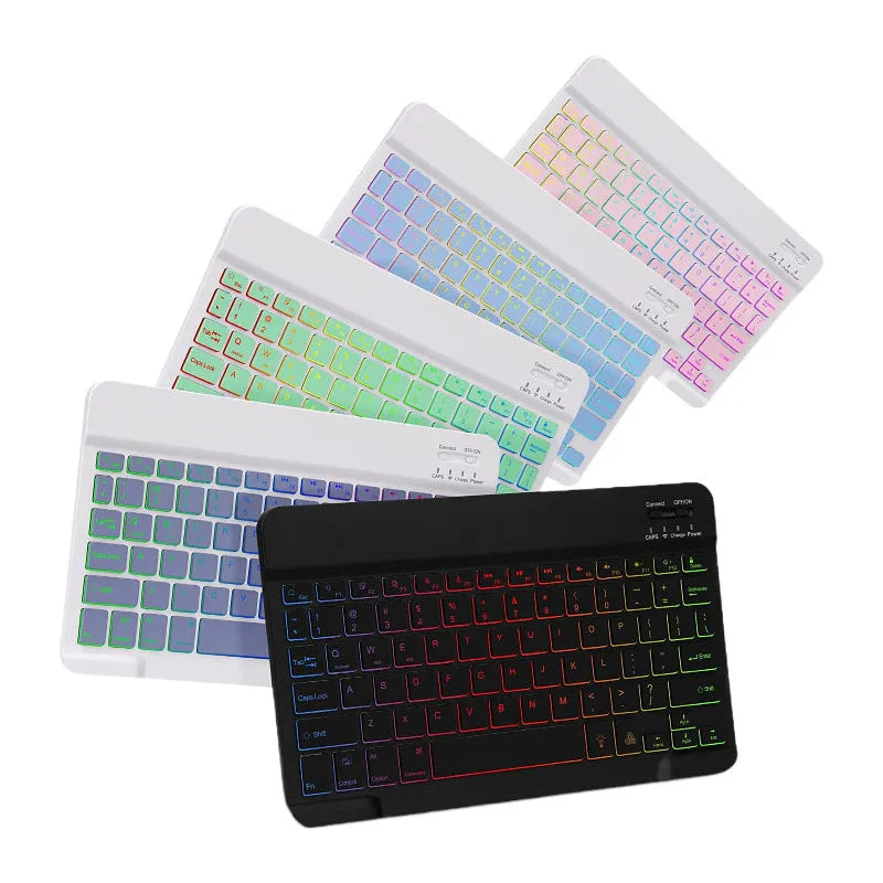 Luminous RGB Bluetooth keyboard iPad case in black leather sheath with shockproof TPU protection and stand feature
